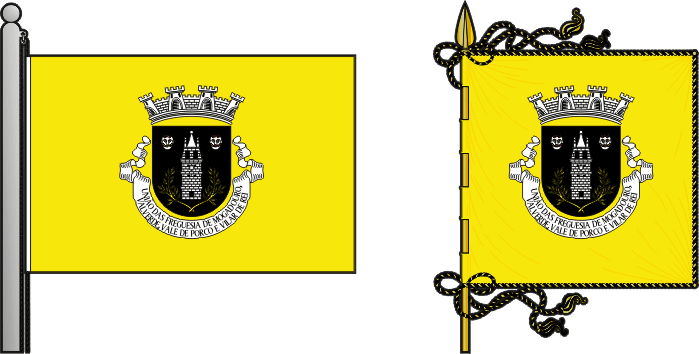 Bandeira e estandarte da União das freguesias de Mogadouro, Valverde, Vale de Porco e Vilar de Rei - Mogadouro, Valverde, Vale de Porco and Vilar de Rei civil parishes union flag and banner