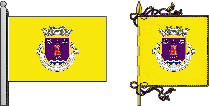 Bandeira e estandarte da União das freguesias de Alandroal (Nossa Senhora da Conceição), São Brás dos Matos (Mina do Bugalho) e Juromenha (Nossa Senhora do Loreto) - Alandroal (Nossa Senhora da Conceição), São Brás dos Matos (Mina do Bugalho) and Juromenha (Nossa Senhora do Loreto) civil parishes union, flag and banner