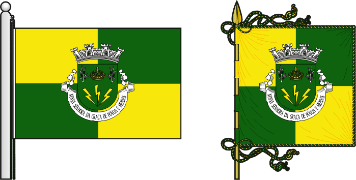 Bandeira e estandarte da freguesia de Nossa Senhora da Graça de Póvoa e Meadas - Nossa Senhora da Graça de Póvoa and Meadas civil parish, flag and banner
